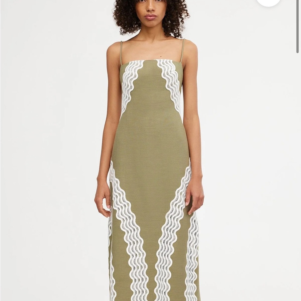 Olive Green Maxi Dress with White Accents